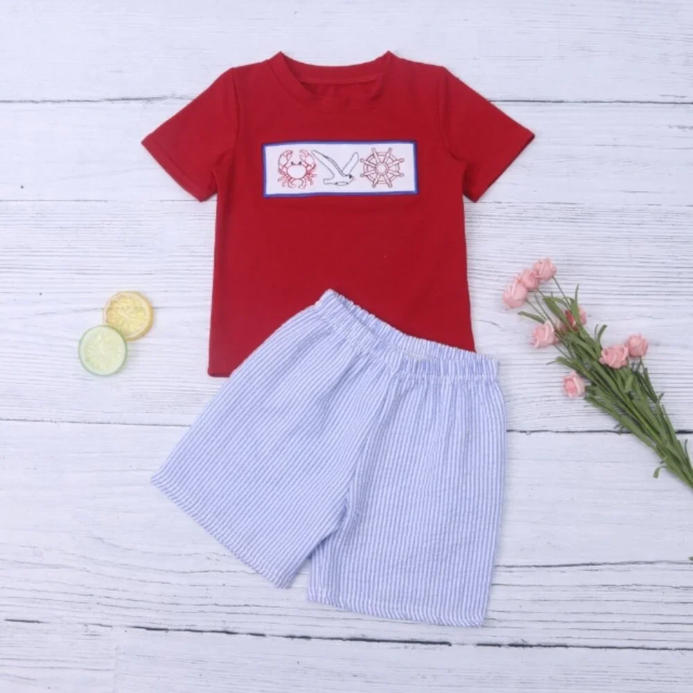 Boutique Crab Sailing Ocean Boys Short Sleeve Shirt & Shorts Outfit Set